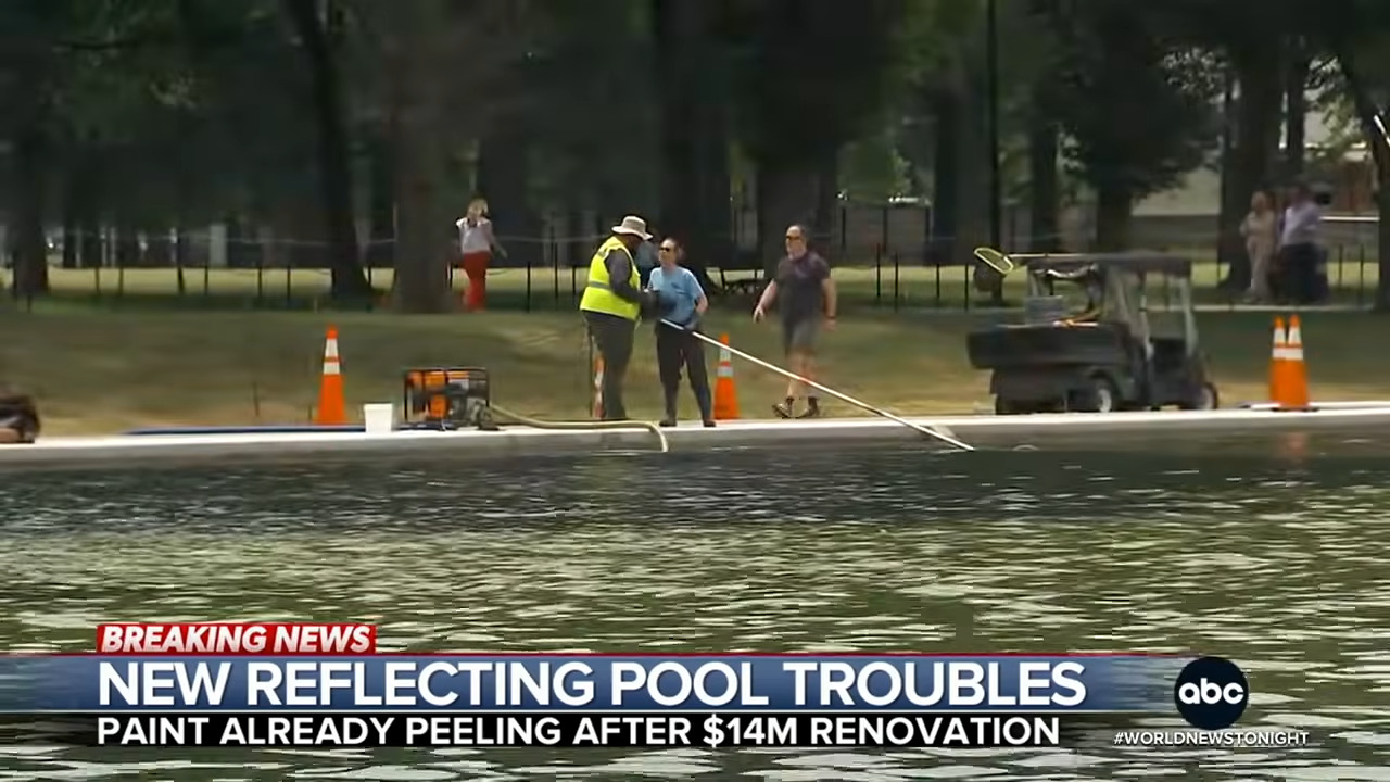 ABC News screenshot of people trying in vain to clean the algae-ridden reflecting pool