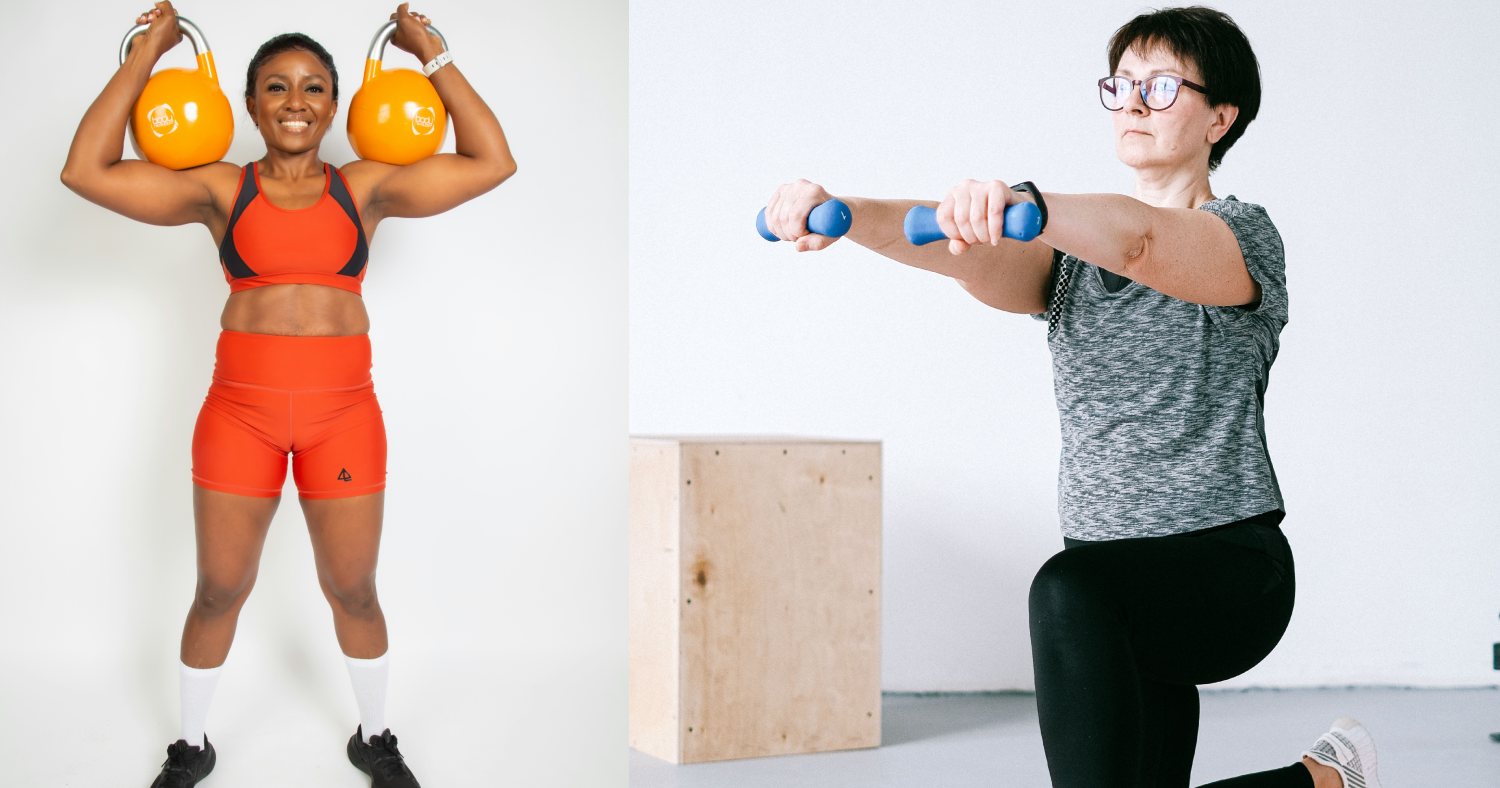 Two photos of women working out, one is holding kettlebells and smiling at the camera, another is lunging and holding dumbbells in a gym