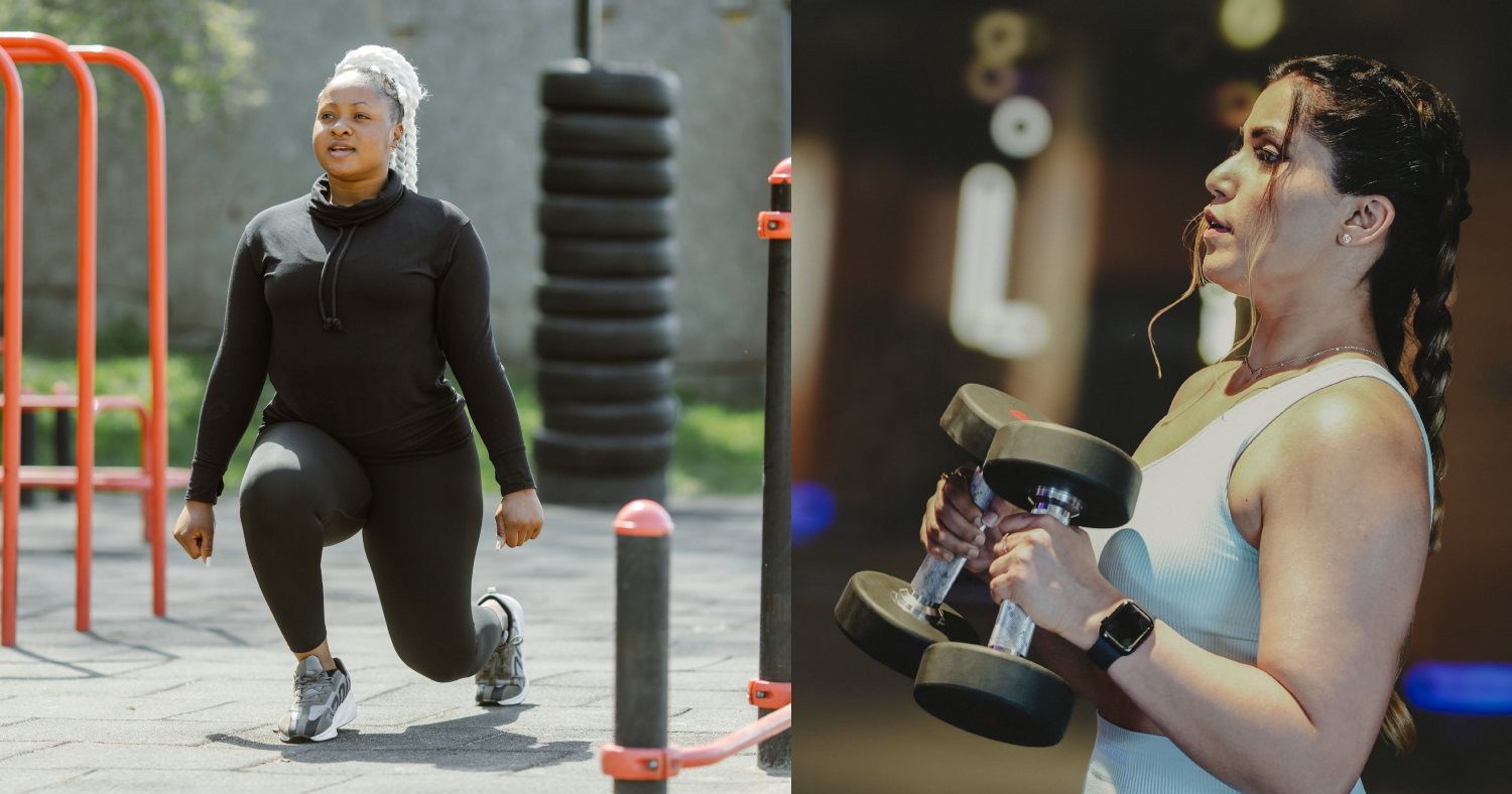 Two photos of women working out, one is lunging in a playground and another is doing dumbbell curls in a gym