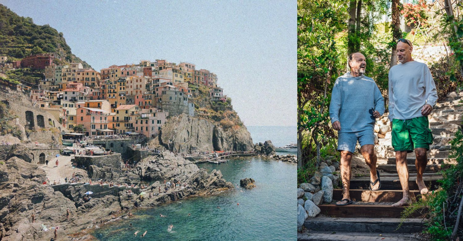 Town of Vernazza next to photo of two men walking down outdoor stairs in flip flops