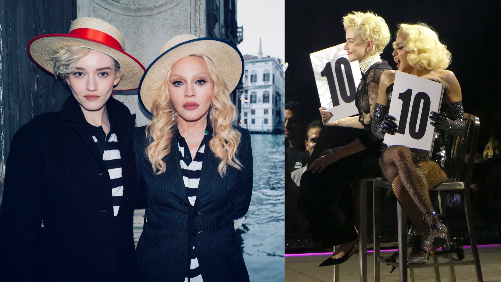 Madonna and Julia Garner via Social Media, March 2026 and on stage during a Madonna concert sitting on chairs and holding signs that said 10, December 2023