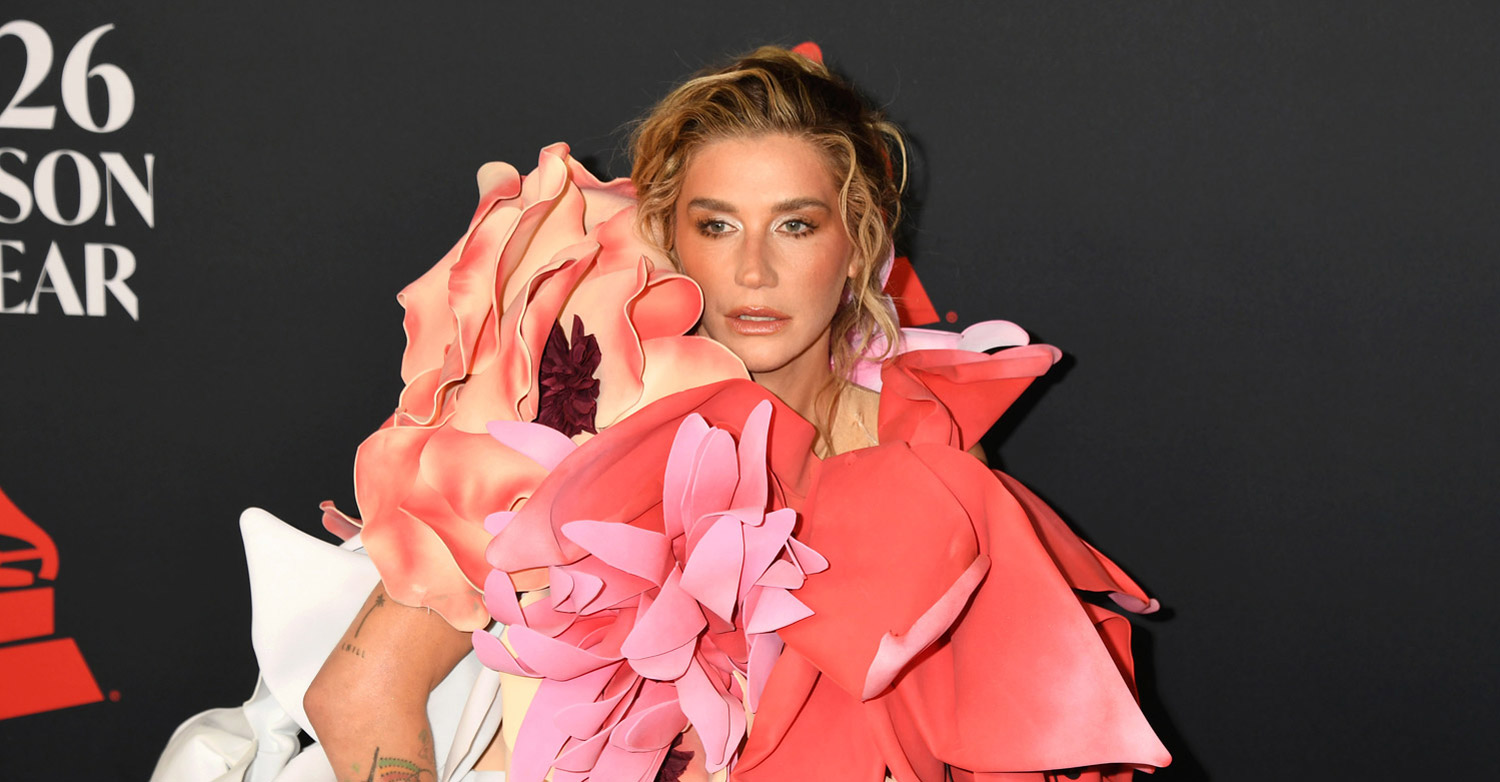 Kesha Rose Sebert wearing Kilian Kerner SS26 RTW arrives at the MusiCares 2026 Person of the Year Honoring Mariah Carey held at the Los Angeles Convention Center South Hall on January 30, 2026. She is in a big colorful dress that juts out all around her like flower petals.