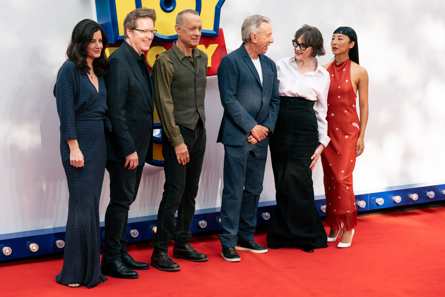 Lindsey Collins, Andrew Stanton, Tom Hanks, Tim Allen, Joan Cusack and Greta Lee attend the Toy Story 5 UK launch event at Odeon Luxe Leicester Square on May 28, 2026 in London, England.
Select usage