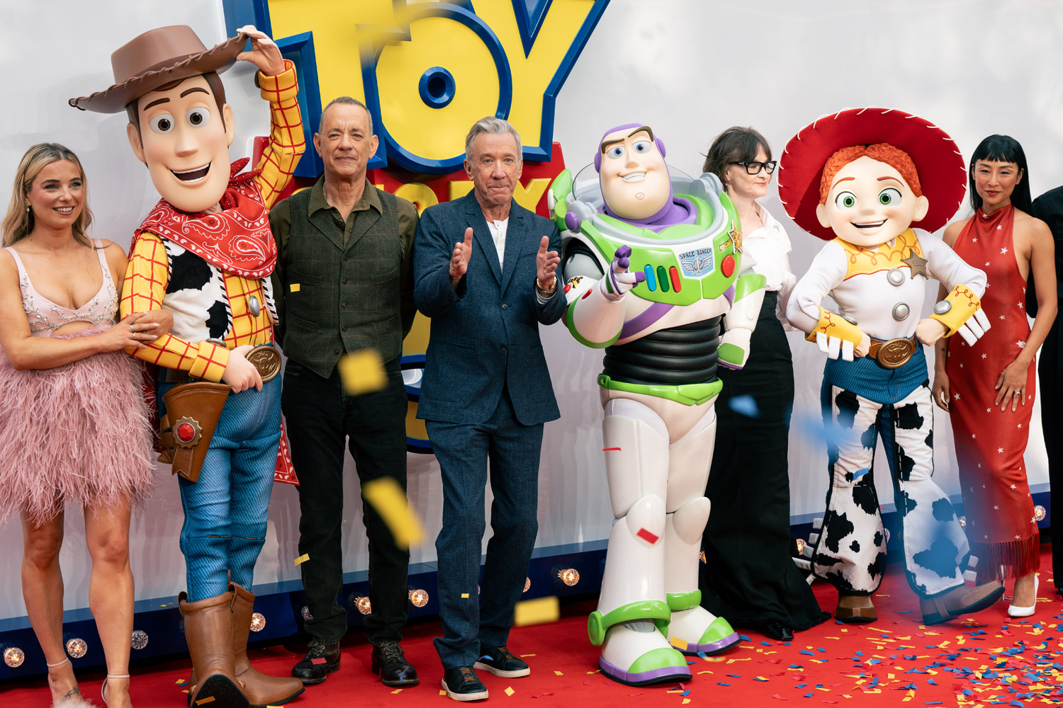 Sian Welby, Lindsey Collins, Andrew Stanton, Tom Hanks, Tim Allen, Joan Cusack Greta Lee and Jordan North attend the Toy Story 5 UK launch event at Odeon Luxe Leicester Square on May 28, 2026 in London, England