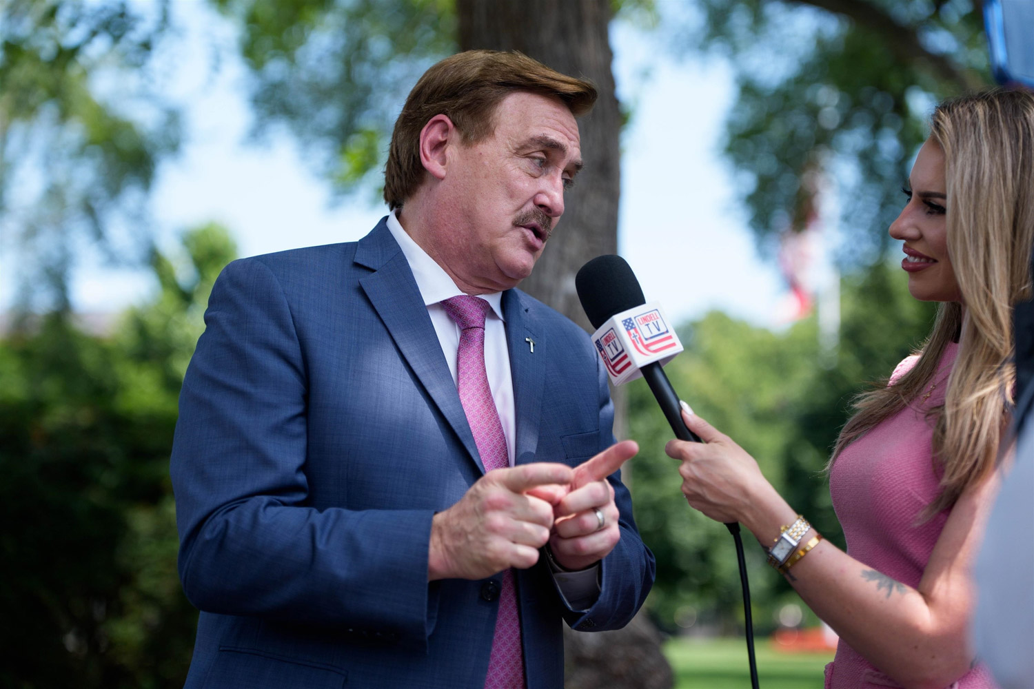 CEO of My Pillow, Mike Lindell, is seen speaking with LindellTV outside the West Wing of the White House in Washington, DC. 7-24-25