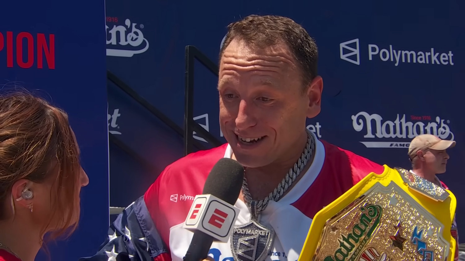Joey Chestnut with his 2026 winner's belt via ESPN