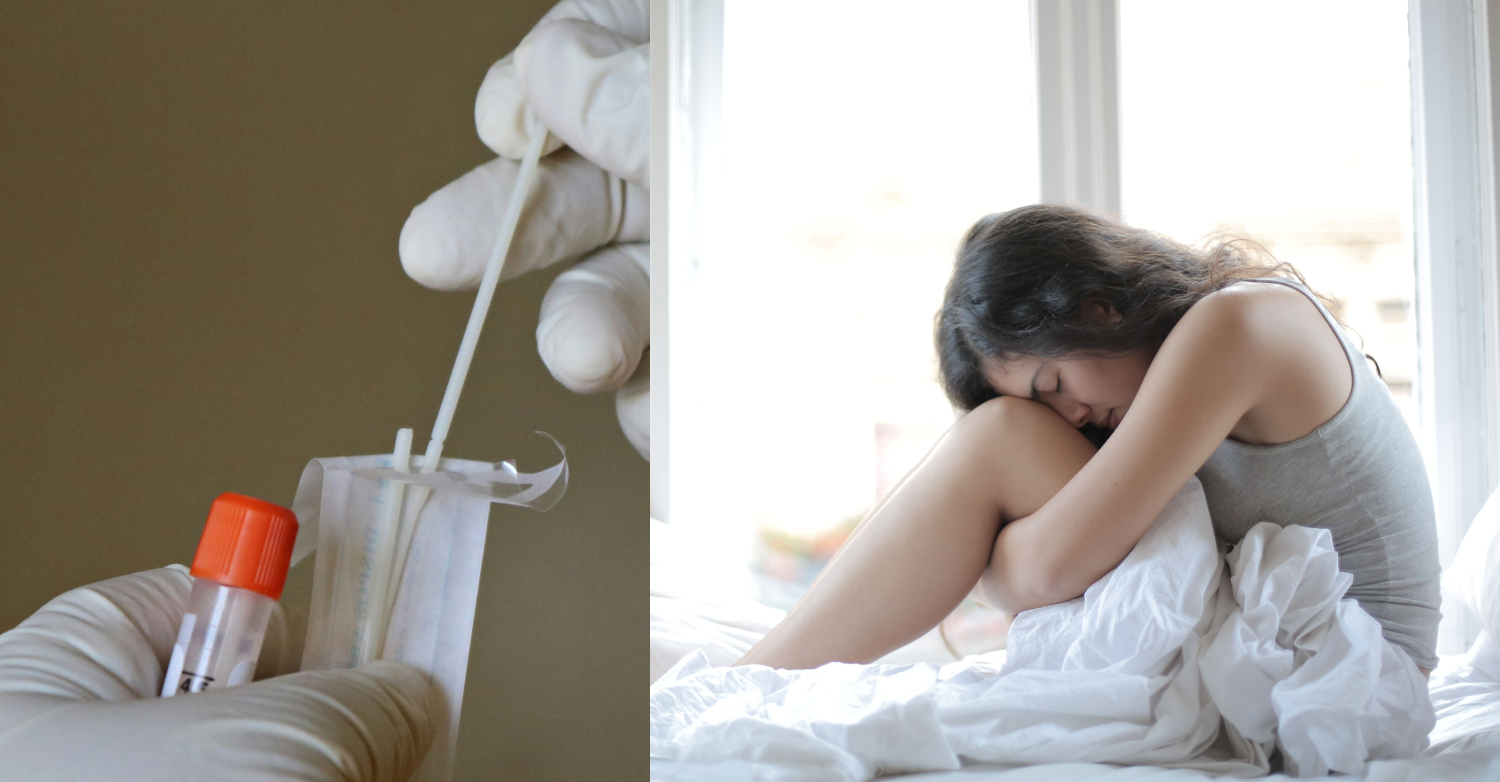Two photos, one of gloved hands by a beaker doing a saliva test and another of a young woman in bed grabbing her knees
