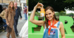 Jennifer Garner in a brown suit out in London on 7-1 and holding a smoothie packet from Once Upon a Farm while wearing overalls in a promotional photo