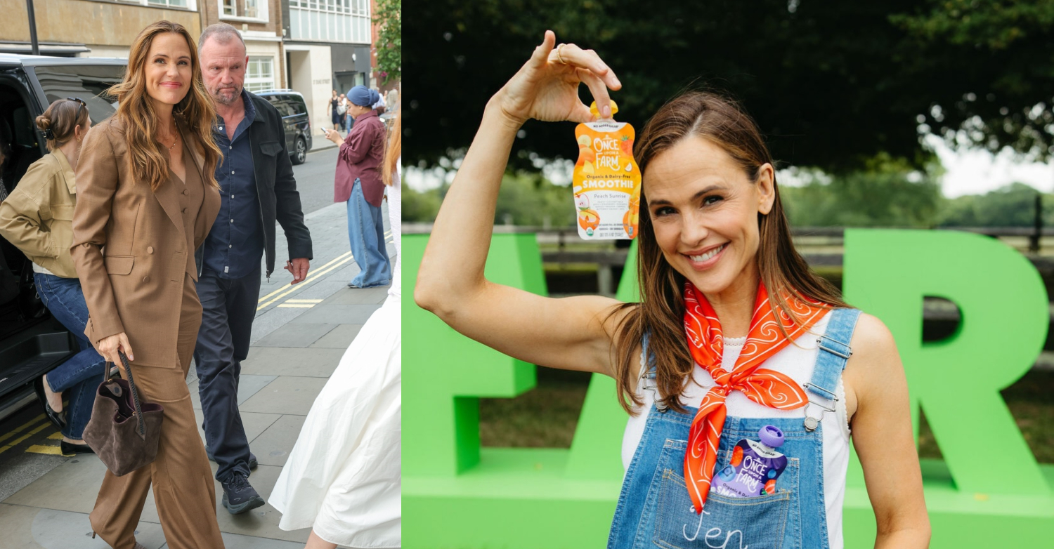 Jennifer Garner in a brown suit out in London on 7-1 and holding a smoothie packet from Once Upon a Farm while wearing overalls in a promotional photo