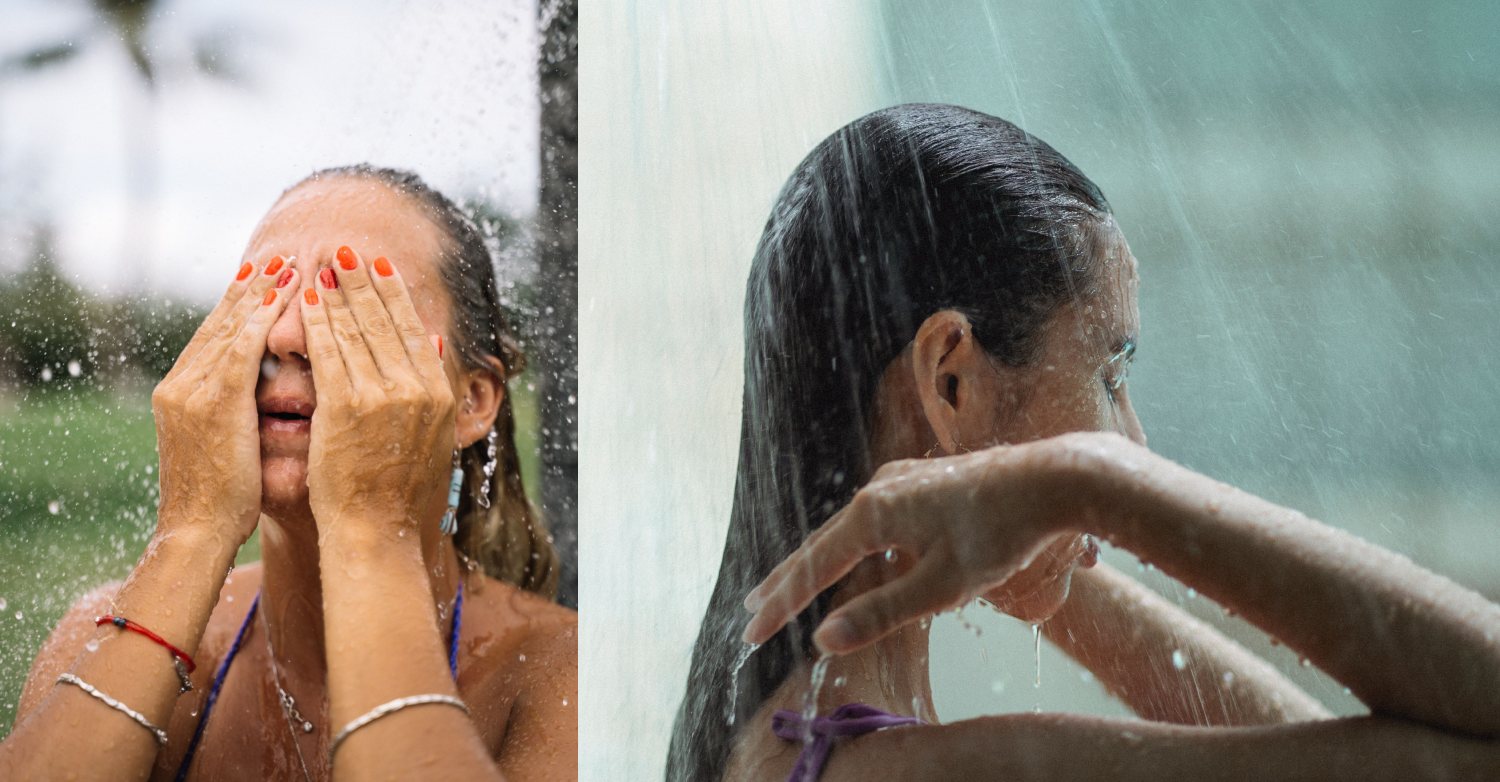 Two photos of women showering with their eyes closed