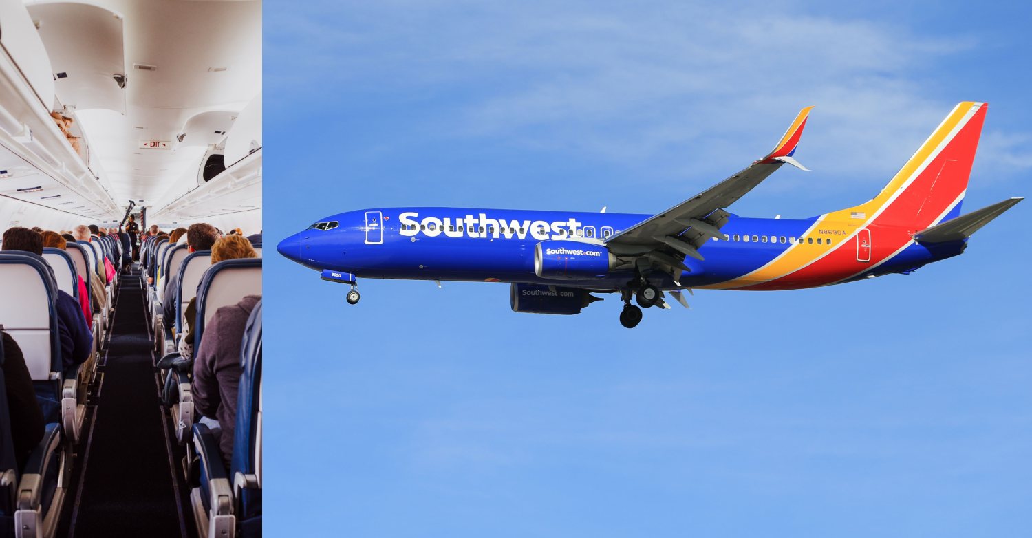 photo of cabin interior next to photo of southwest airplane