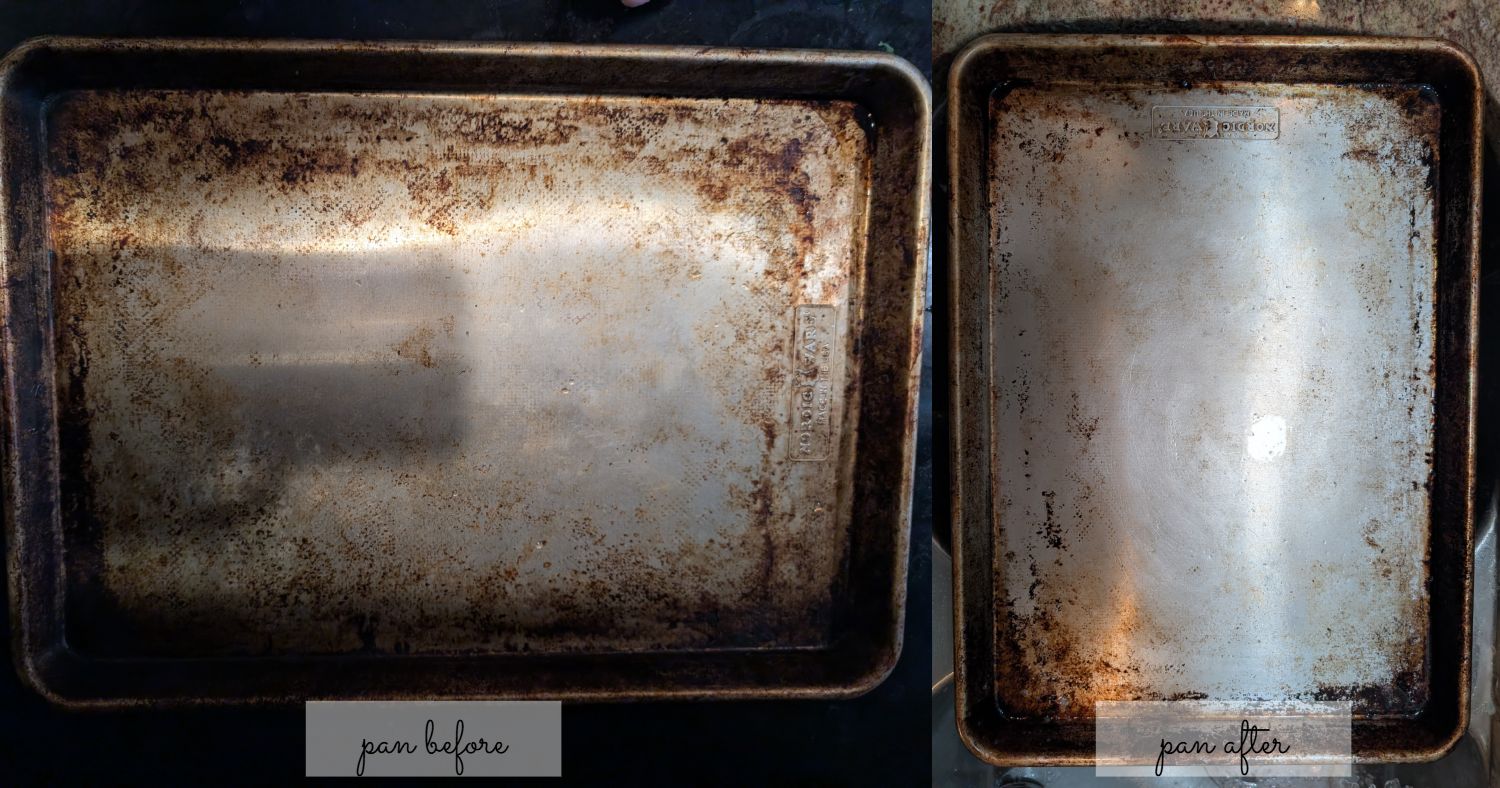Baking sheet before and after cleaning, it only looks marginally better