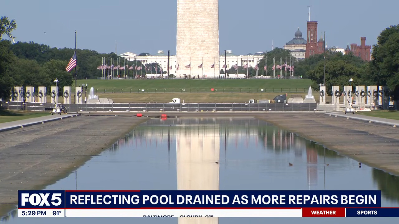 Screenshot of drained Reflecting Pool from Fox 5 DC