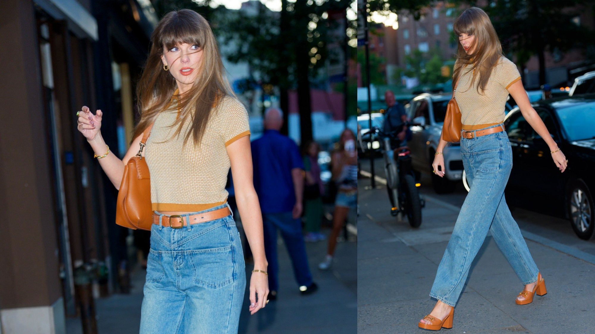 Taylor Swift in jeans and a cap sleeve sweater outside the studio