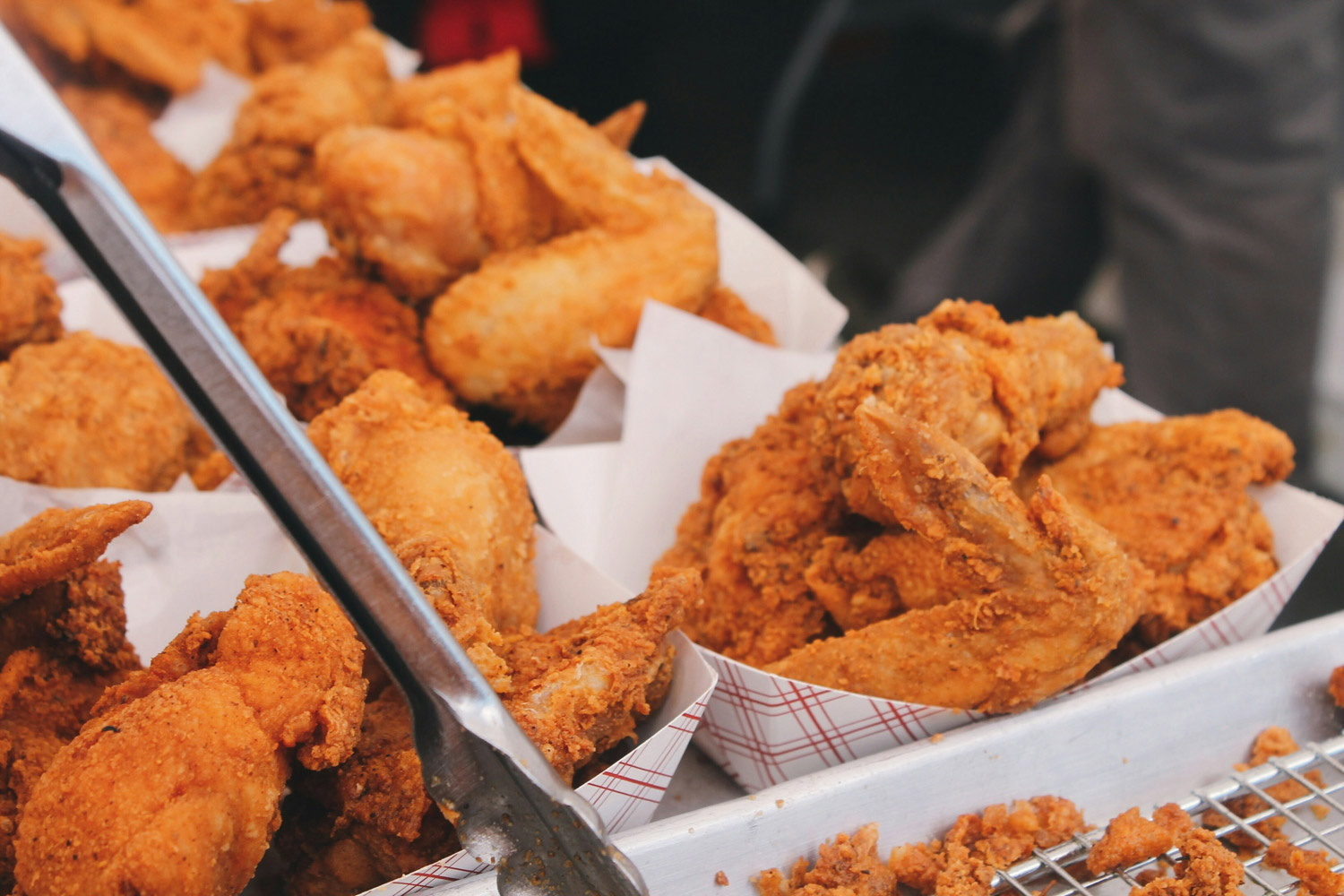 serving size baskets of fried chicken lined up
