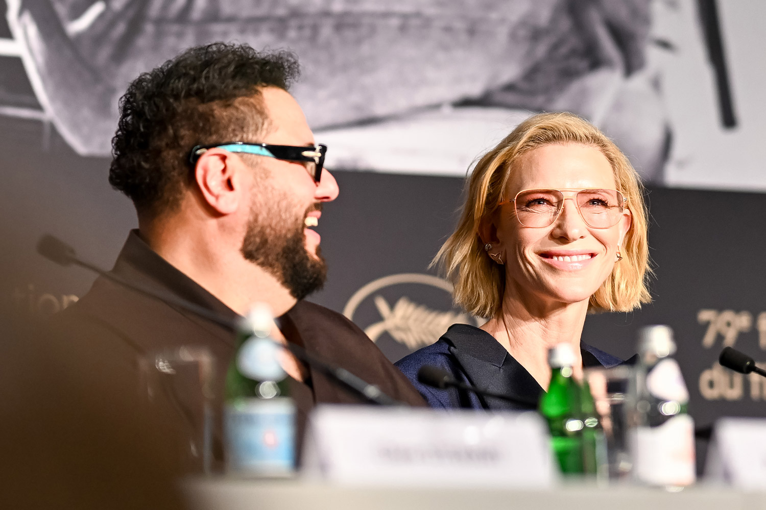 Mo Amer and Cate Blanchett at the Displacement Film Fund press conference at Cannes, 5-18-26