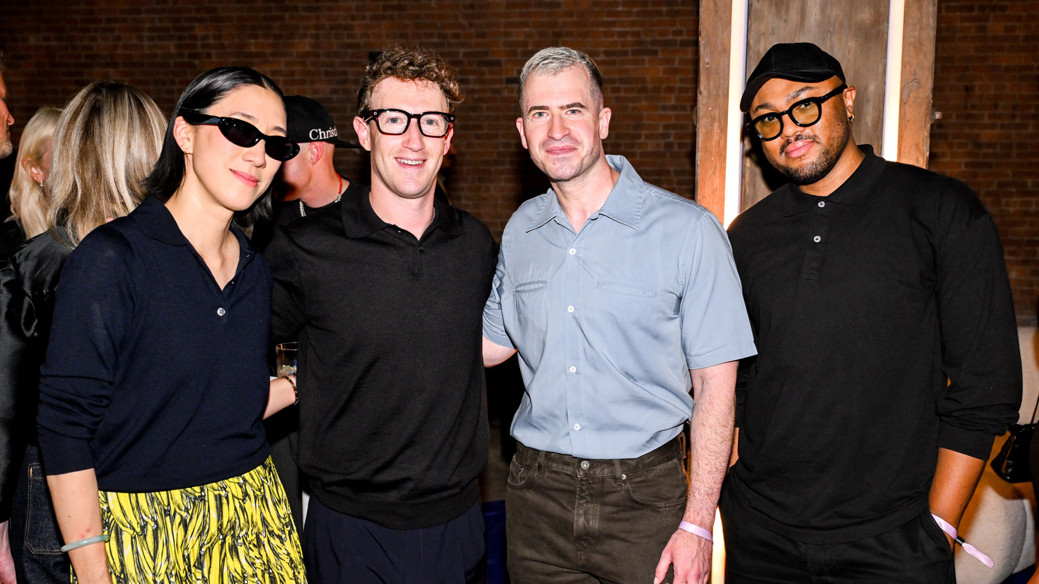 Eva Chen, Mark Zuckerberg, Evan Ross Katz, Christopher John Rogers at the Meta Glasses launch party in New York City, 6-24-26