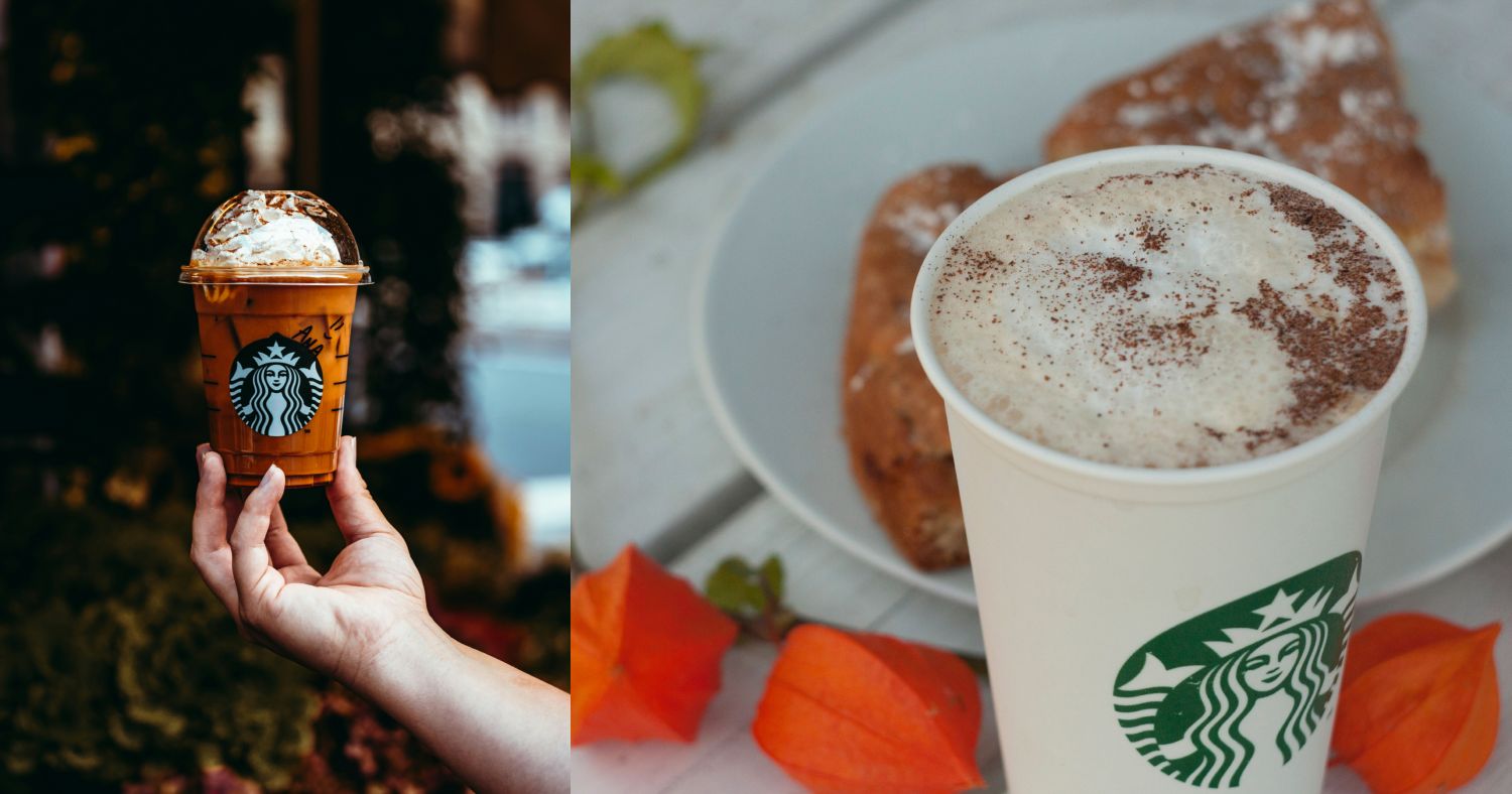 Two fall-themed photos featuring iced and hot Pumpkin Spice Lattes in Starbucks cups