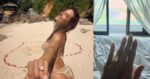 Two photos from Instagram of Alessandra Ambrosio, one of her on a beach near a heart of rose petals and another of her hand in bed with a gorgeous manicure near an open window with the ocean in the background