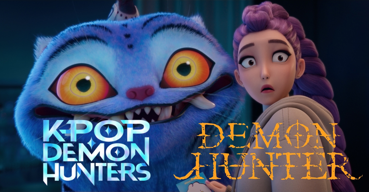 Image from KPop Demon Hunters with the two logos for KPop Demon Hunters and Demon Hunter overlaid on it