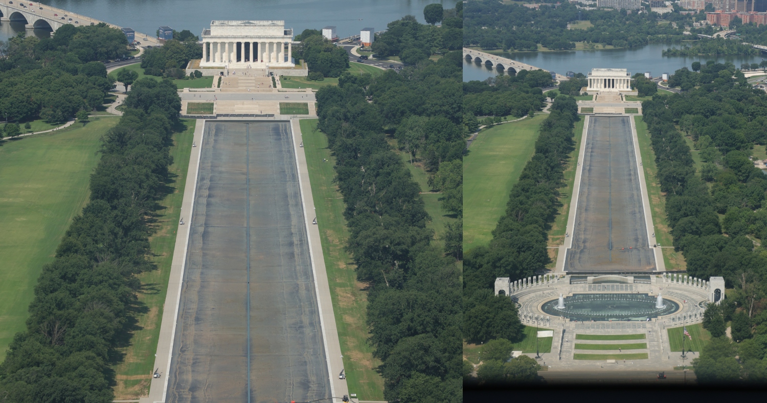 7-14-26: Overhead view after workers have finished draining the Lincoln Memorial Reflecting Pool after an algae bloom. Sections of the pool's blue coating continue to peel off after the $14 million renovation.