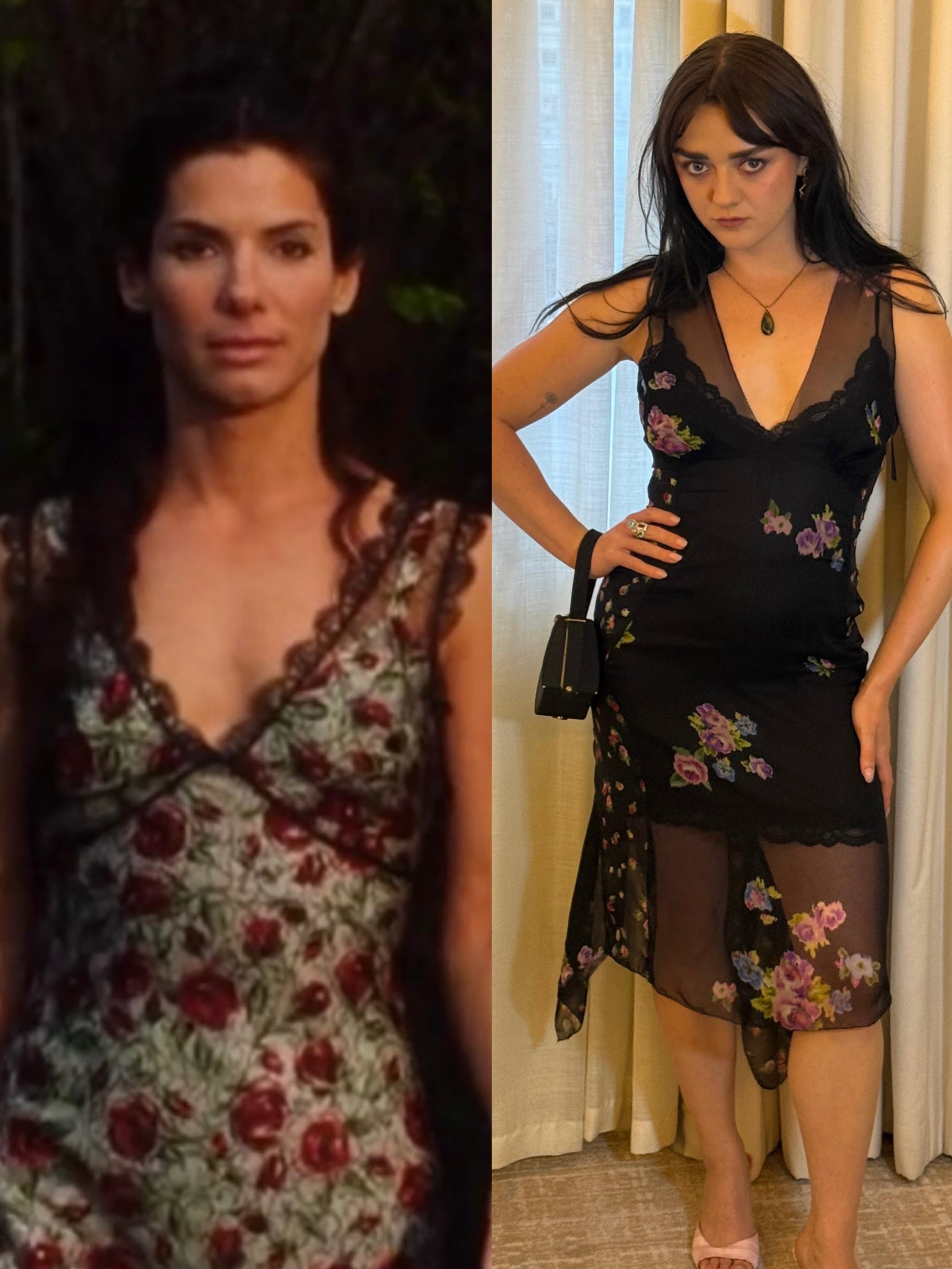 Sandra Bullock and Maisie Williams in similar dresses