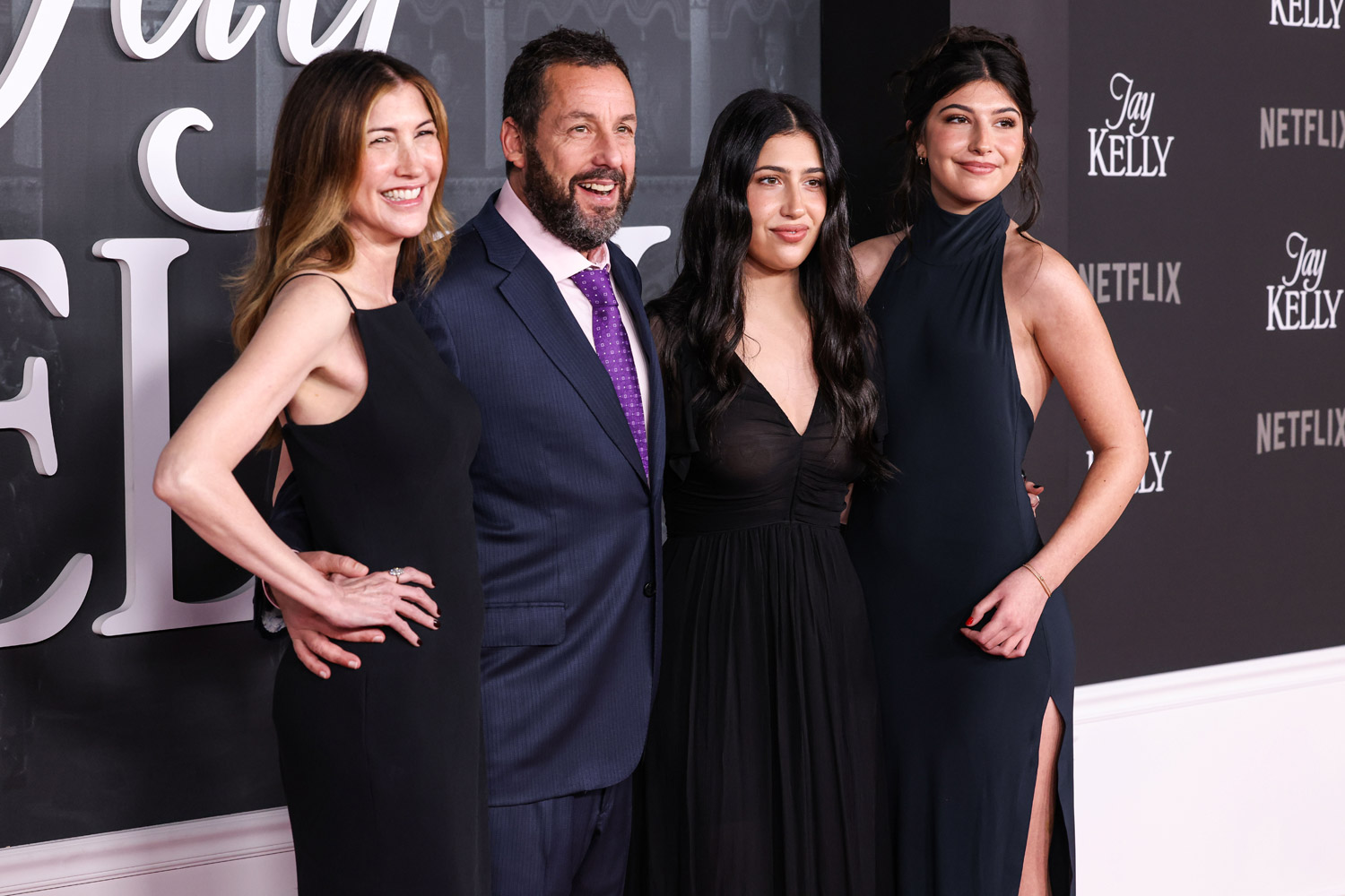 Jackie Sandler, Adam Sandler, Sadie and Sunny Sandler at the premiere of Jay Kelly on 11-25-26