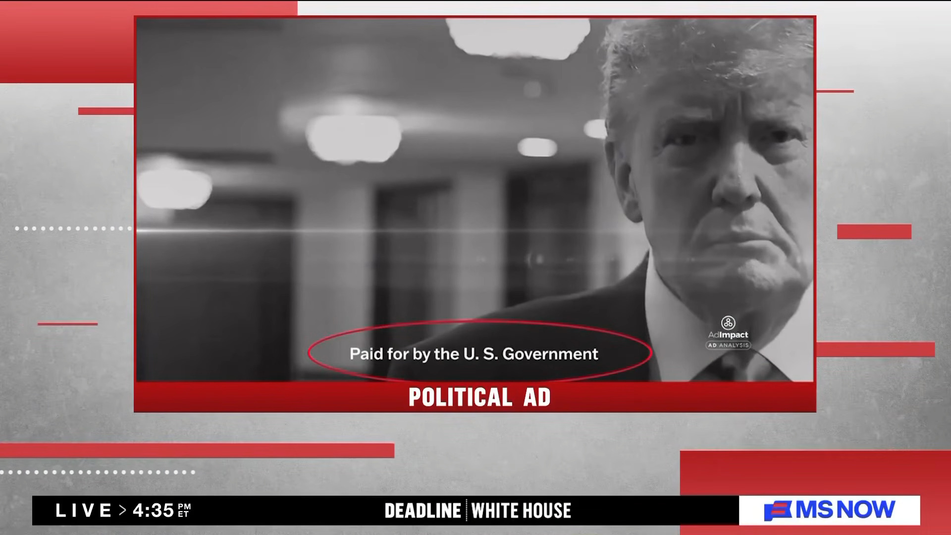 Screenshot from MS NOW featuring Trump's campaign ads with the words "Paid for by the US Government" under it