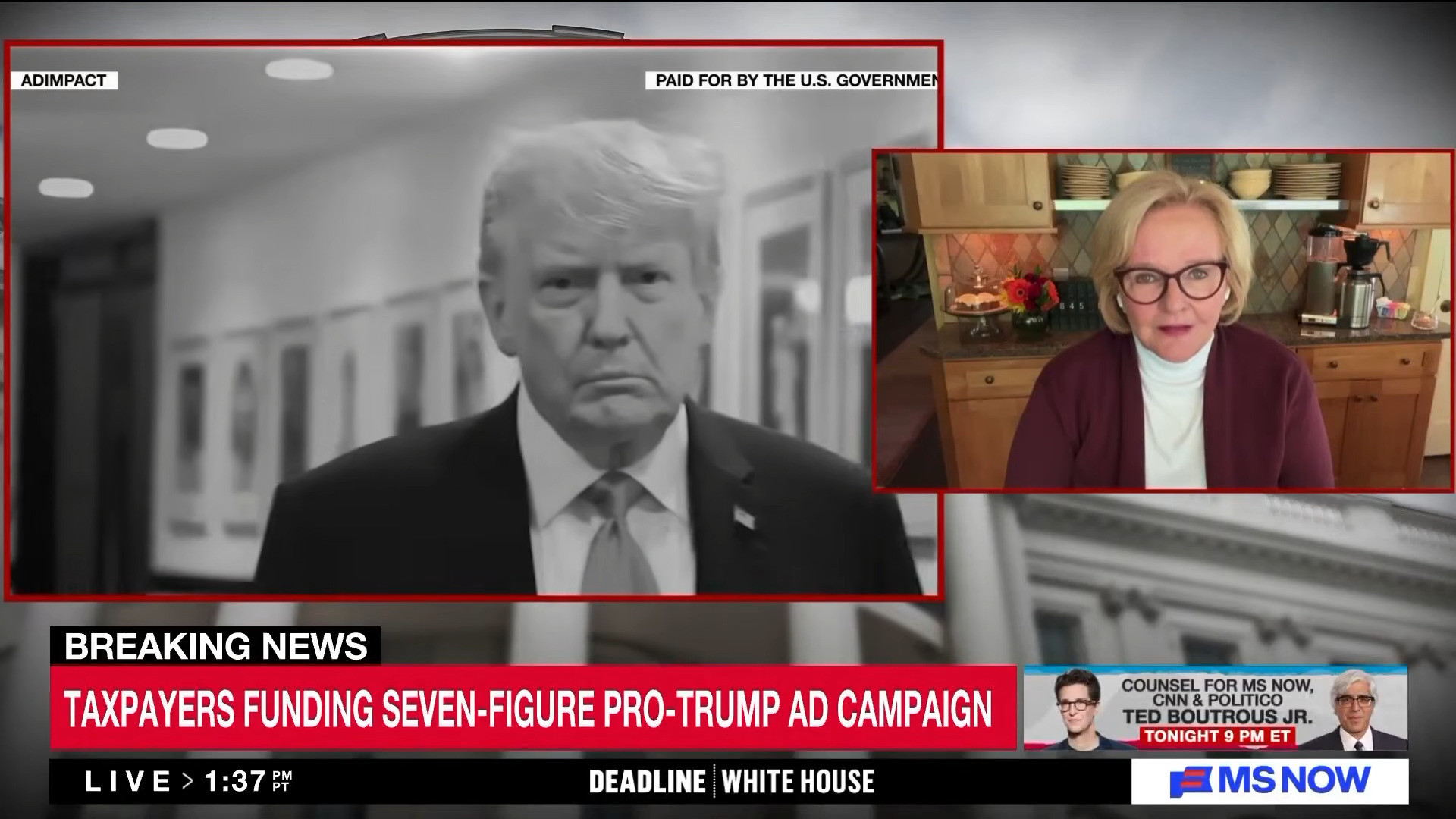 Screenshot from MS NOW featuring Trump's campaign ads with the words "Paid for by the US Government" under it. Former Sen. Claire McCaskill is in a bubble next to the ad giving commentary