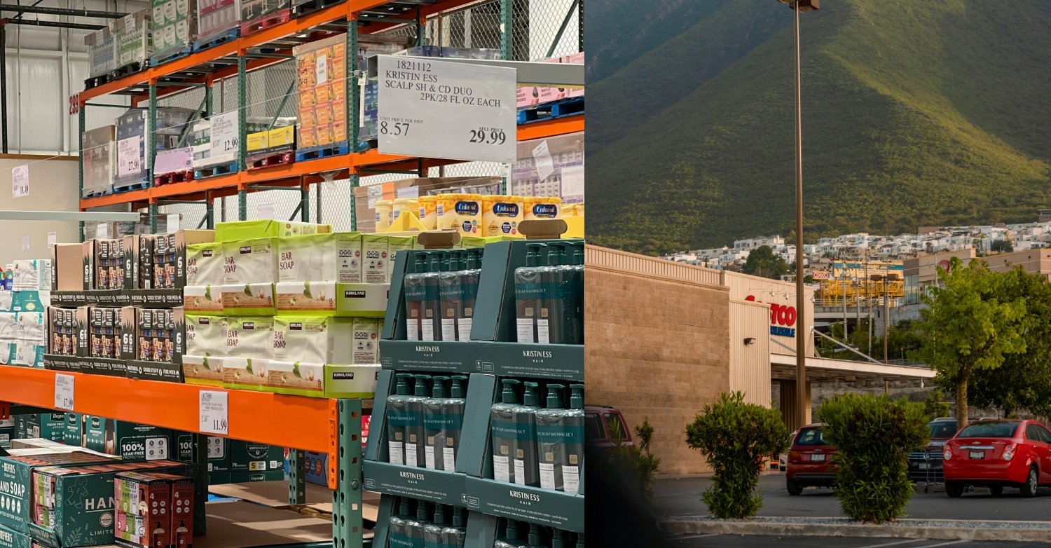 A photo of Costco shelves next to a photo outside one of their locations in the mountains