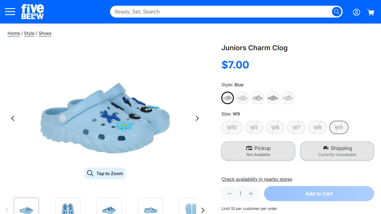 Website image of Five Below Junior clogs with charms for $7. Blue version