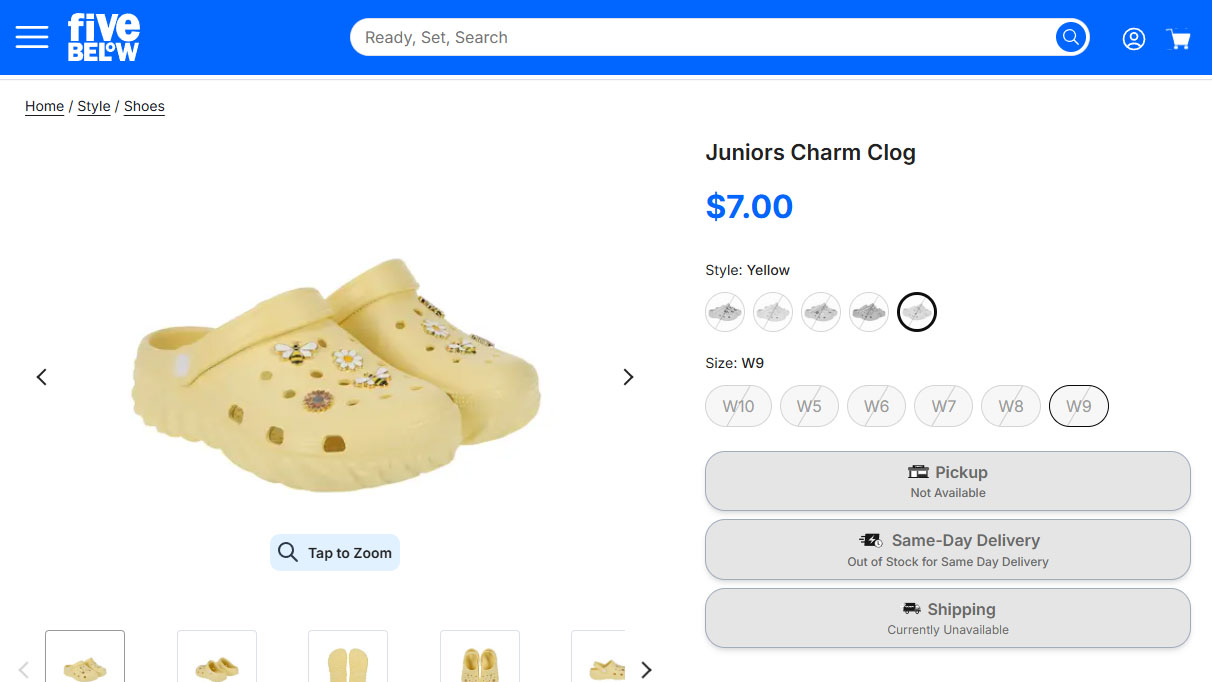 Website image of Five Below Junior clogs with charms for $7. Yellow version