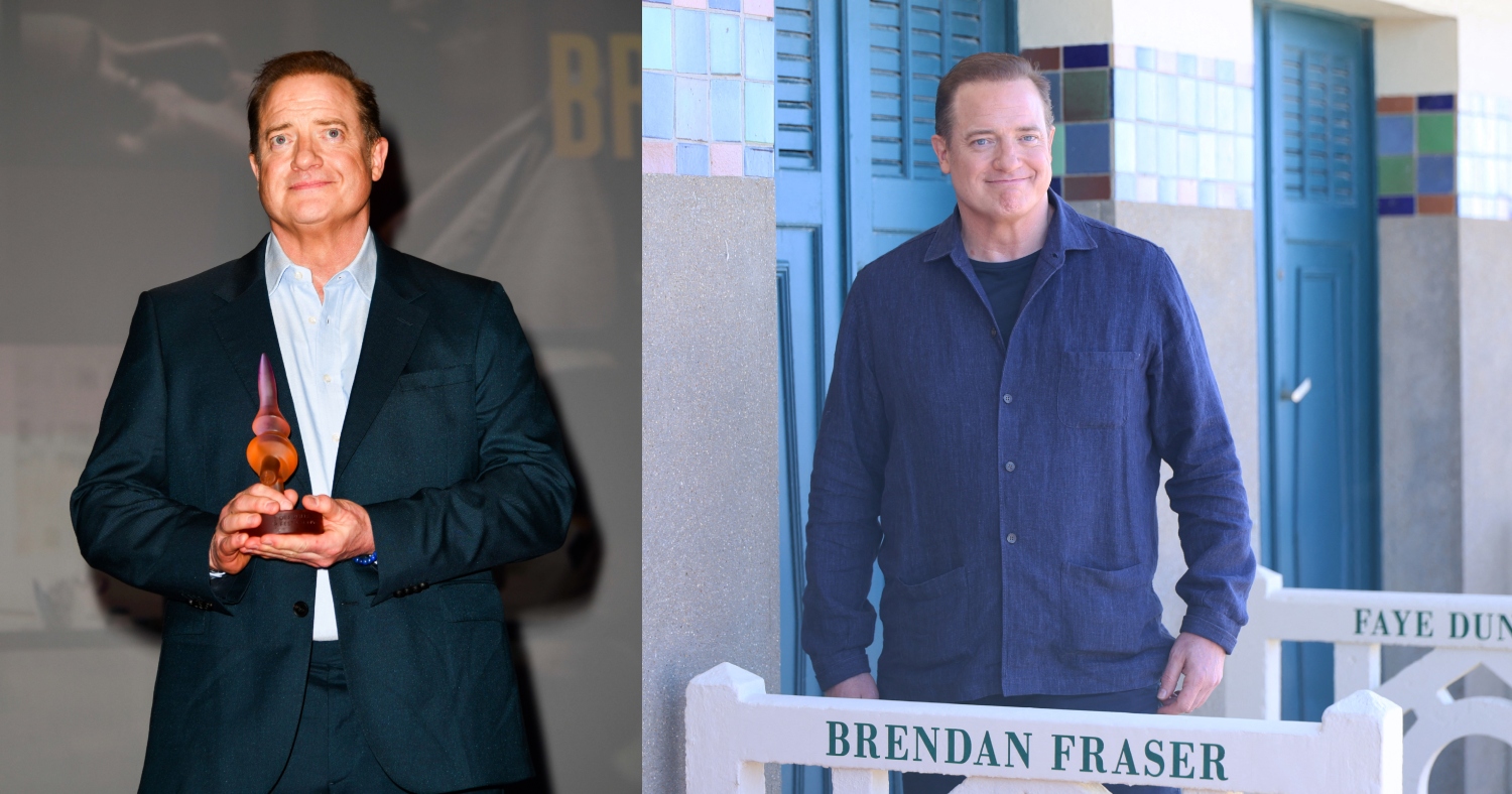 Two photos: Brendan Fraser receives the Deauville Talent Award prior to the screening of the film