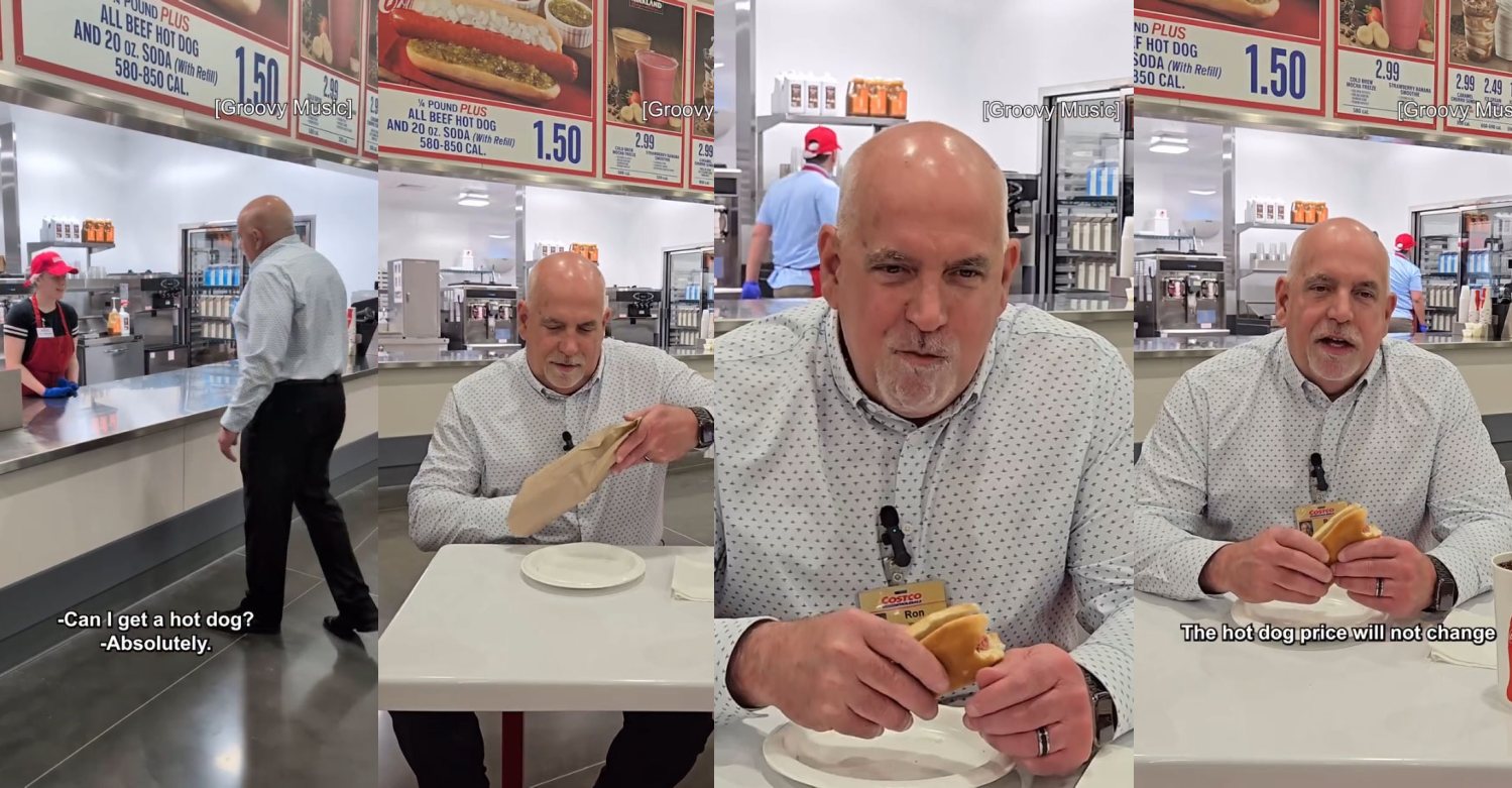 Three photos from a video of Costco CEO Ron Vachris eating a hot dog and saying the price won't change