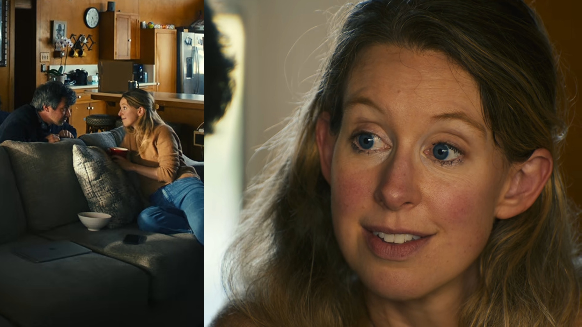 Two screenshots from Elizabeth Holmes film trailer. She looks wide-eyed and a bit unhinged
