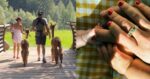 Two photos from Millie Bobby Brown's Instagram, one back view of her with Jake, each holding a baby in front, another of her hand with two babies' hands