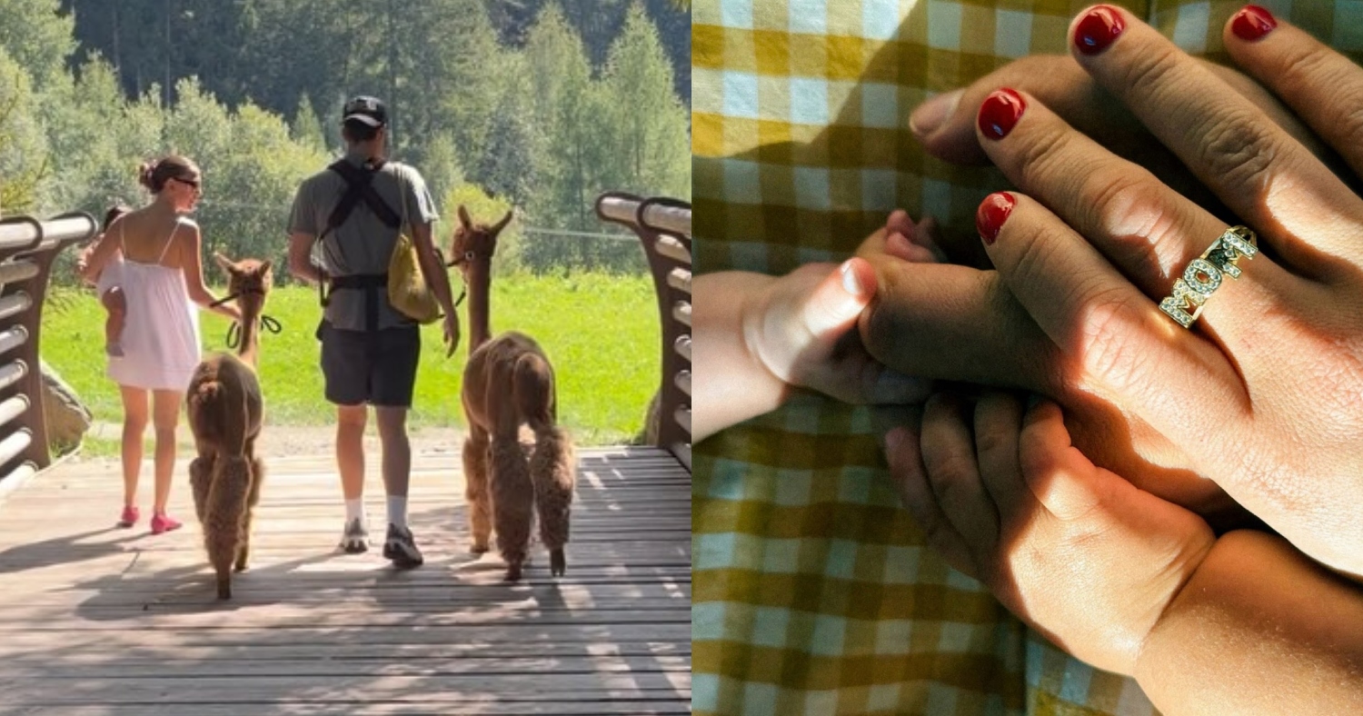 Two photos from Millie Bobby Brown's Instagram, one back view of her with Jake, each holding a baby in front, another of her hand with two babies' hands