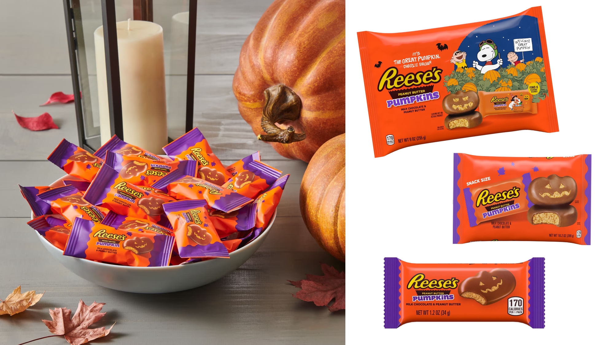 Photo of individually wrapped Reese's pumpking in bowl fall tablesetting next to images of the packages