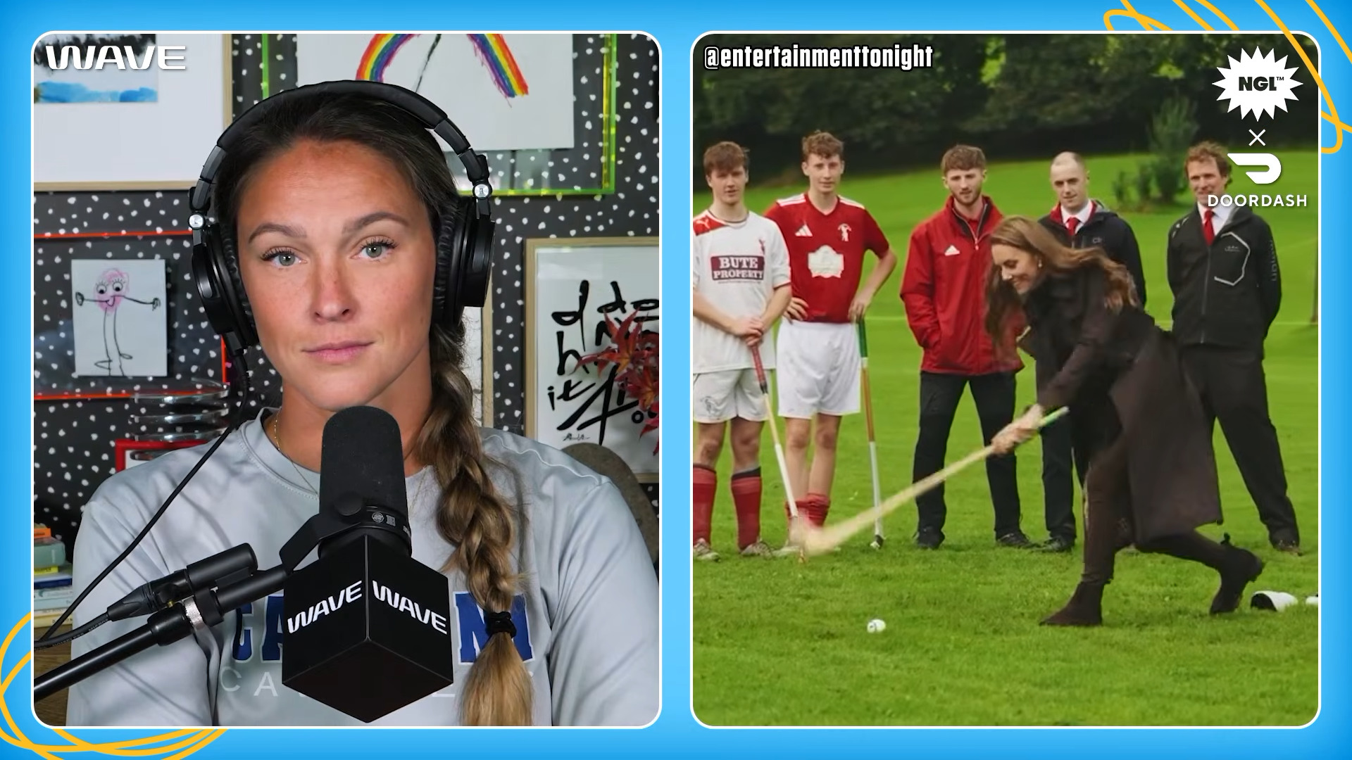 Screenshot fron Not Gonna Lie of Kylie Kelce next to a video of Kate playing shinty