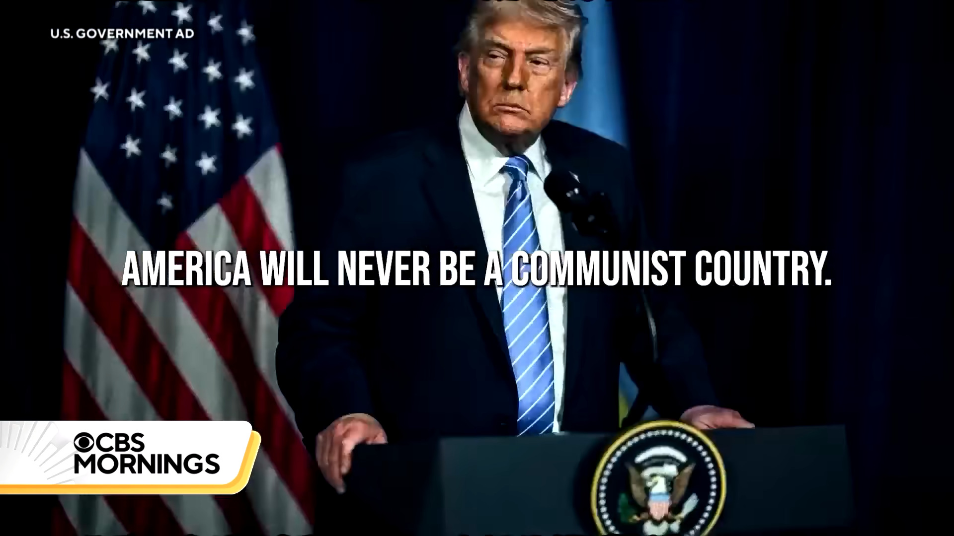 Screenshot from CBS mornings with an image from Trump's political ad with the words America will never be a communist country written over it
