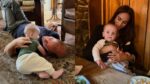 Two photos from Kelly Zajfen's instagram of Meghan and Harry with Kelly's baby