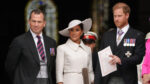 Peter Phillips, Harry and Meghan outside church