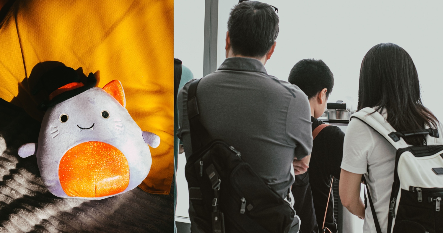 photo of Halloween-themed Squishmallow next to photo of the back of a family at the airport with a tween-aged son