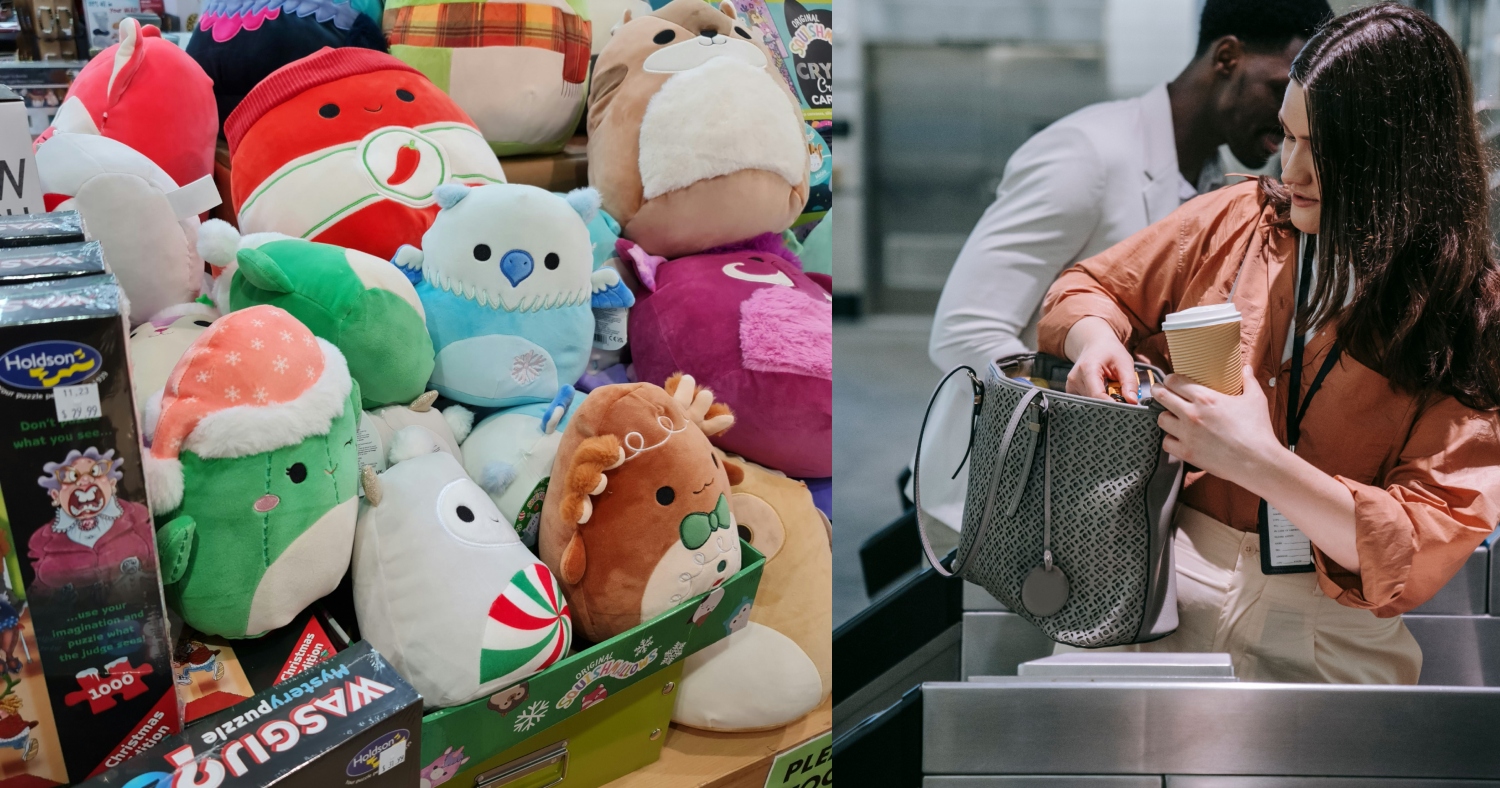 Photos of squishmallows piled up at a store next to photo of two people at airport security