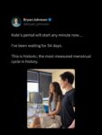 Bryan Johnson with his much younger girlfriend and a caption about how he's monitoring her menstrual cycle