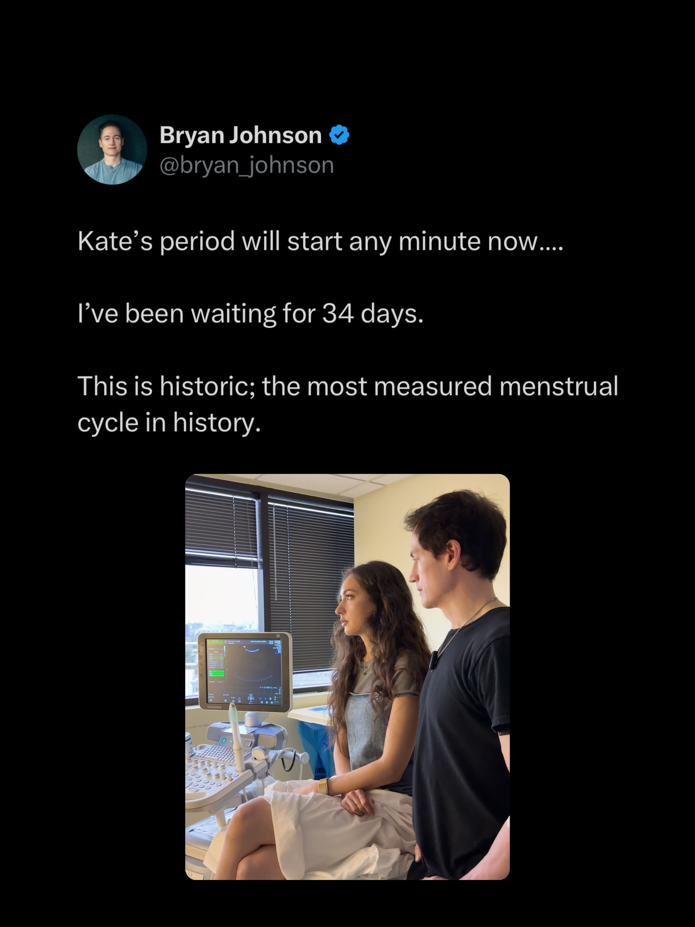 Bryan Johnson with his much younger girlfriend and a caption about how he's monitoring her menstrual cycle