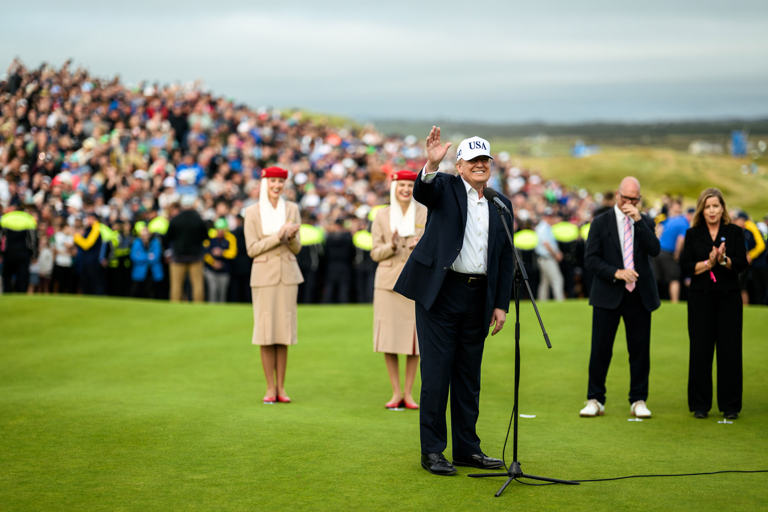 Trump participates in the trophy ceremony at the 2026 Amgen Irish Open Final Round at Trump International Golf Links and Hotel in Doonbeg, County Clare, Ireland, Sunday, September 13, 2026.
