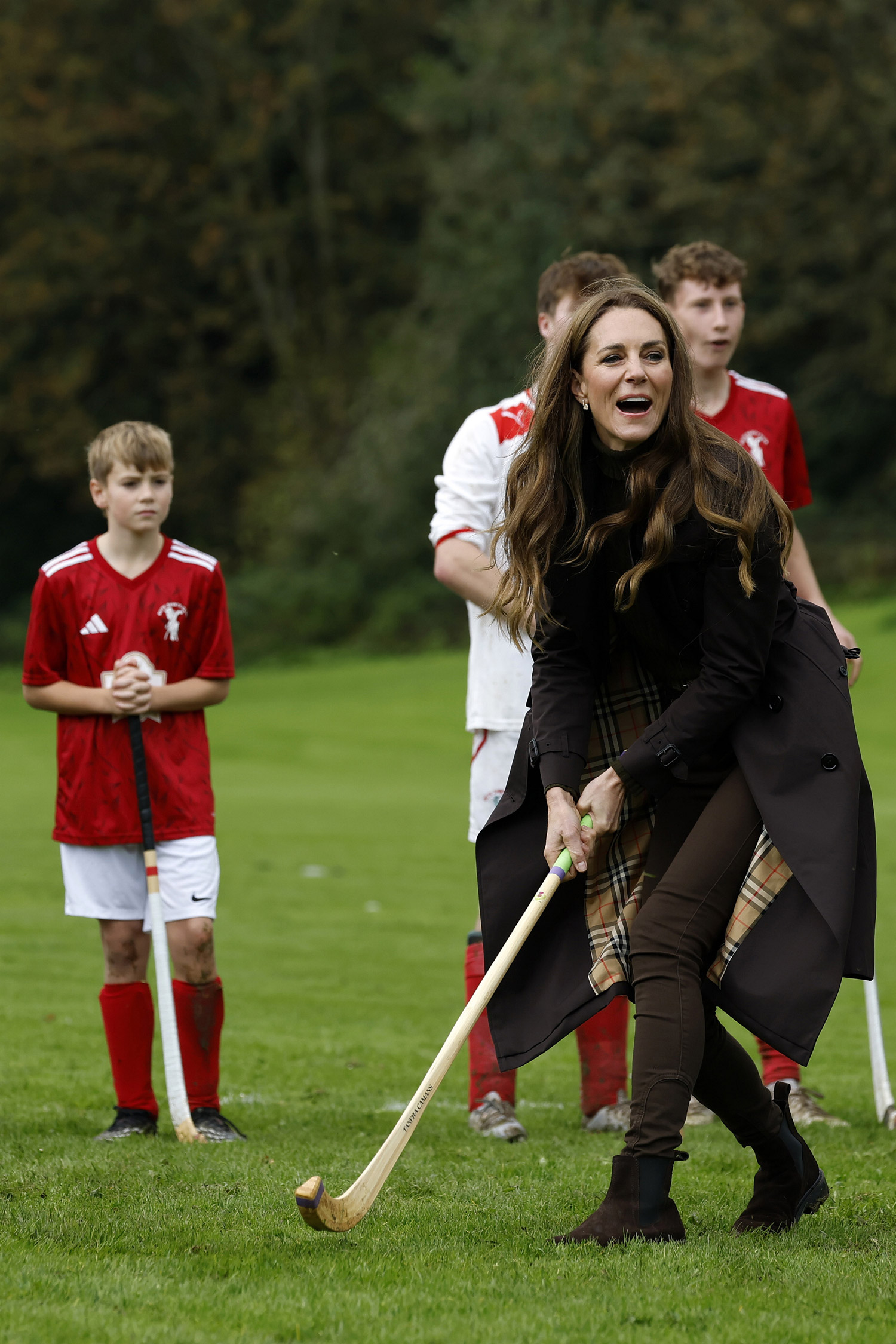Catherine, Princess of Wales, participates in the sport on the pitch, while visiting Bute Shinty Club in Rothesay, during a royal visit to the Isle of Bute on September 17, 2026