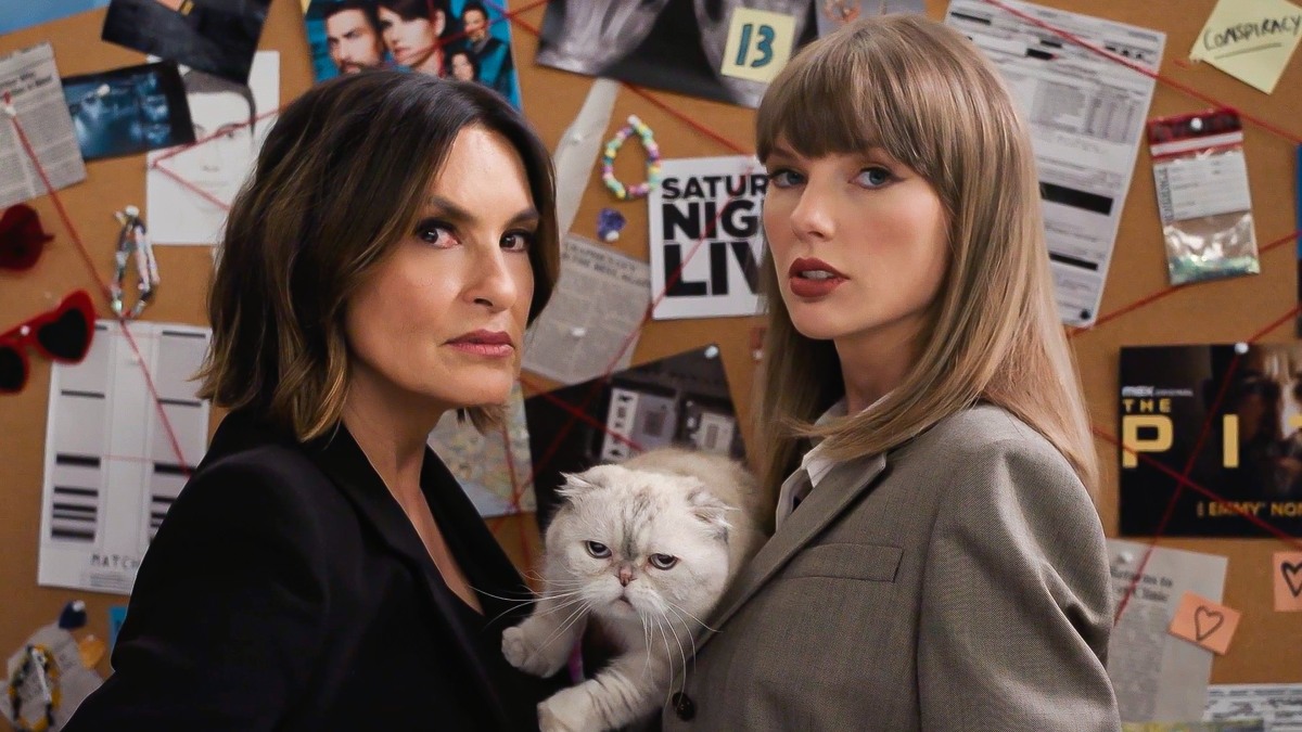Mariska Hargitay, Taylor Swift and Taylor's cat in a still from the SVU Emmys skit
