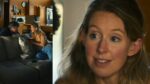 Two screenshots from You Can See Everything, one with Nathan Fielder talking to Elizabeth Holmes on a couch and a closeup of her face